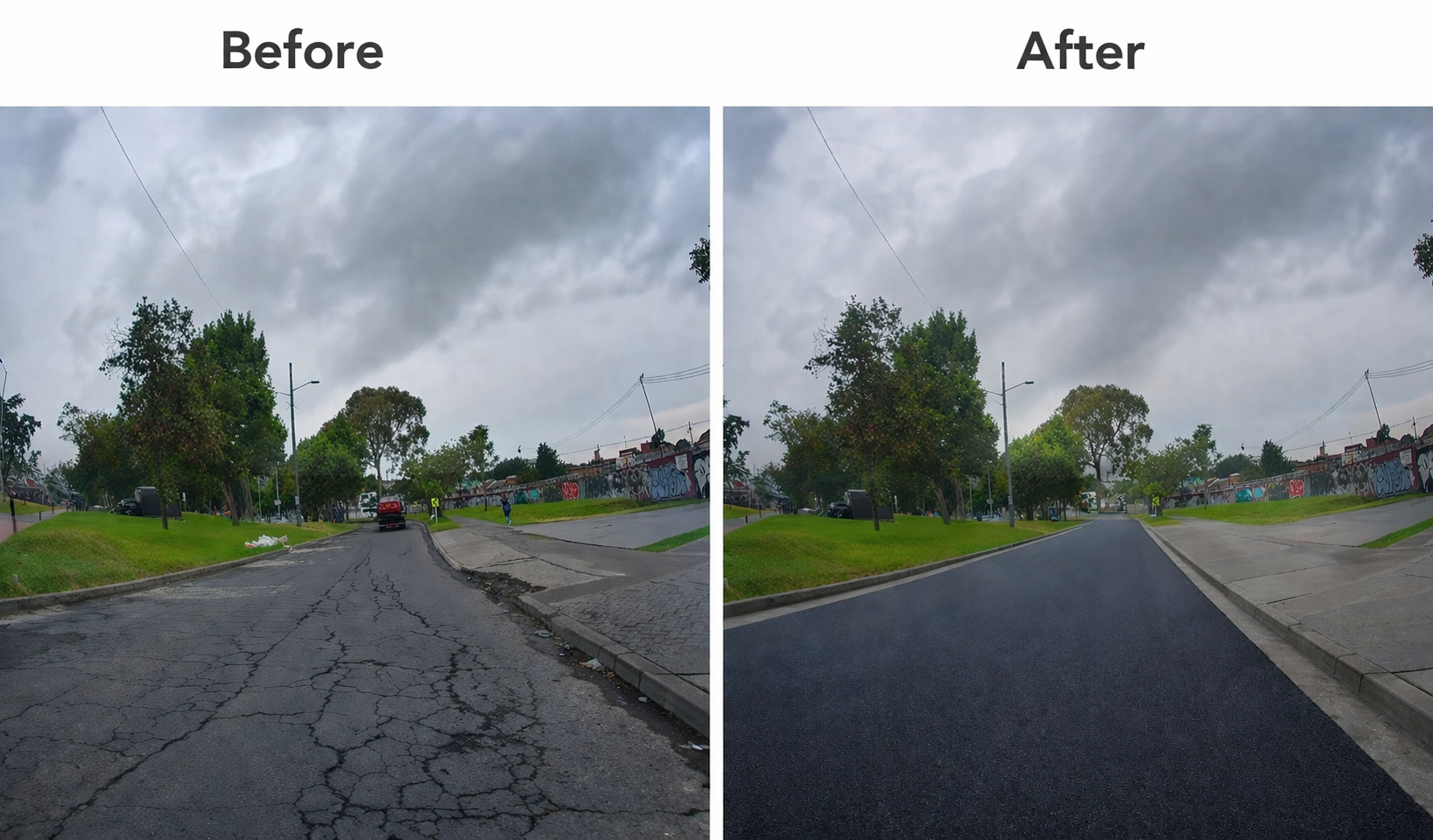Temporal scene comparison view highlighting street-level changes over time